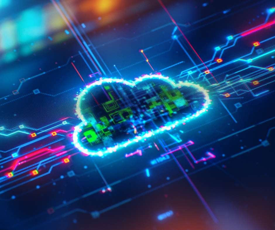 Stylized cloud computing graphic on a digital circuit board, illustrating the reliable and effective IT support services Fluid IT provides to keep businesses ahead in their industries.