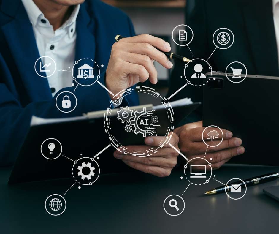 Business professionals using a tablet with AI and technology icons, representing Fluid IT's commitment to driving business success through expert managed IT services.
