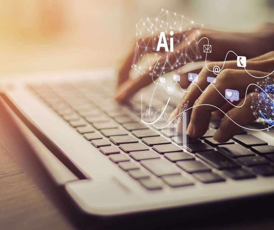 Hands typing on a laptop with AI and digital graphics, representing the 24/7 expert IT support provided by Fluid IT to businesses in Frisco.