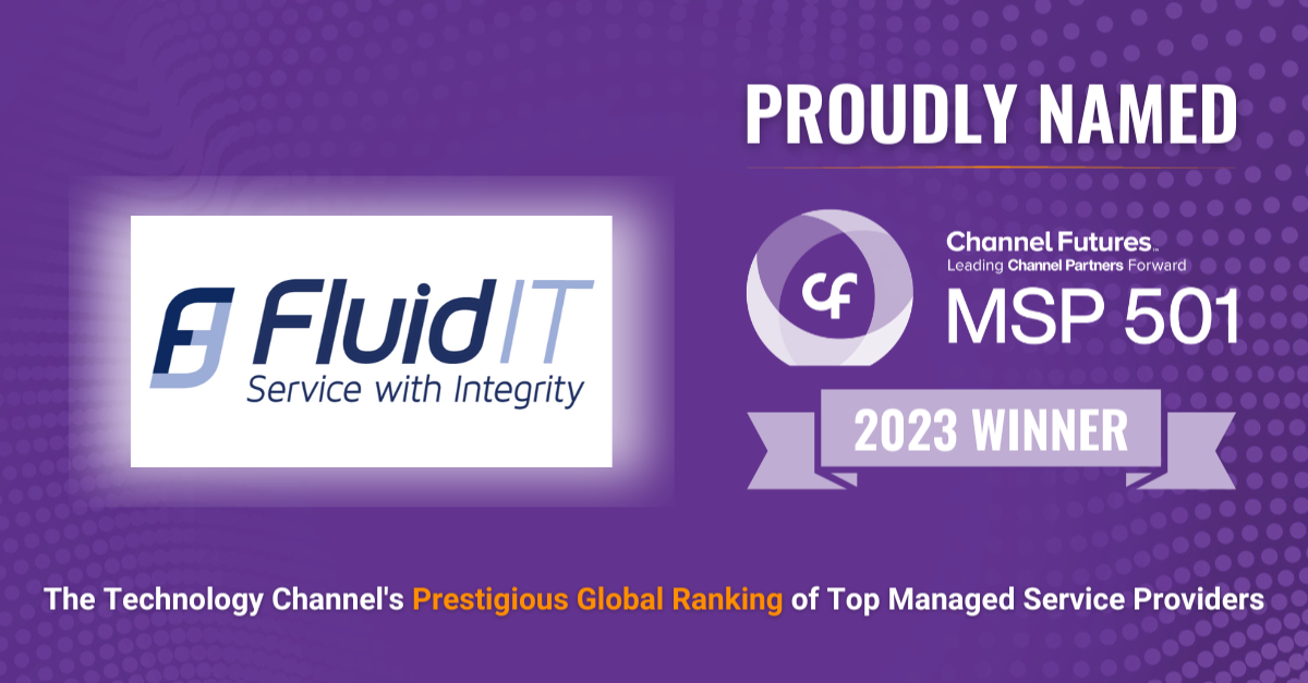 Image highlighting Fluid IT's achievement as the proud winner of Channel Futures' MSP 501 2023, symbolizing their global excellence and commitment to the Dallas community.