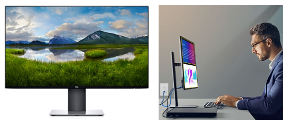 Two monitors, first one showing the mountains and a lake as background and second one showing a man looking at the screen and typing something.