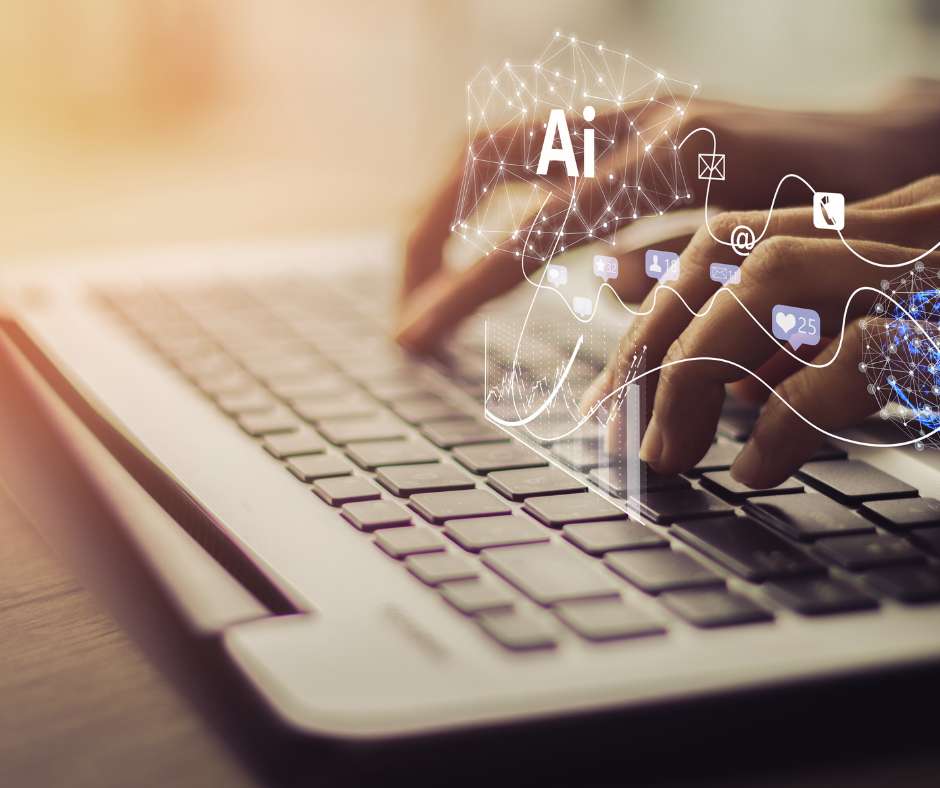 Close-up of hands typing on a laptop keyboard with AI and data analytics holograms, depicting Fluid IT's active monitoring services for enhanced business IT performance in Frisco.