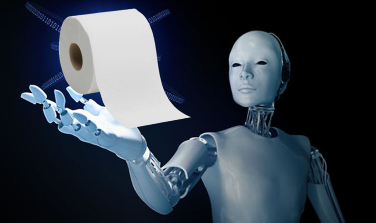 Toilet paper roll in robot hand.